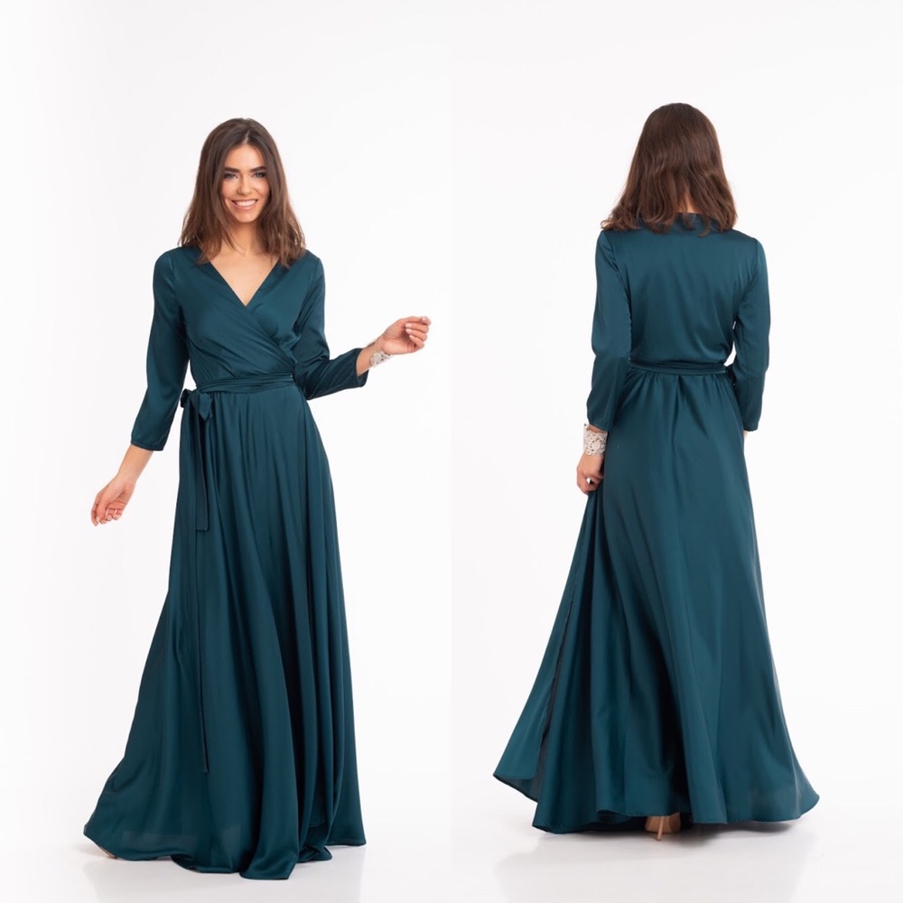❗️NEW❗️Dark Green 3/4 Sleeves Silk Wrap Maxi Dress